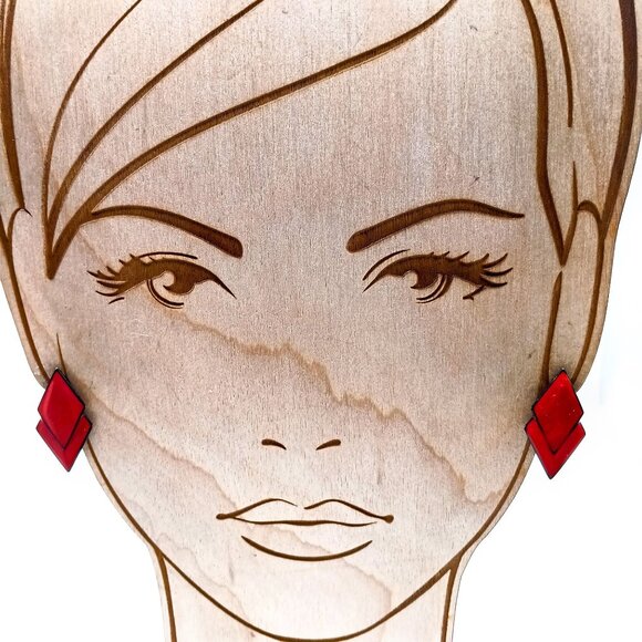 Cast Enamel Bold Stud Earrings, Red and Black Overlapping Diamond Shapes - Picture 1 of 4